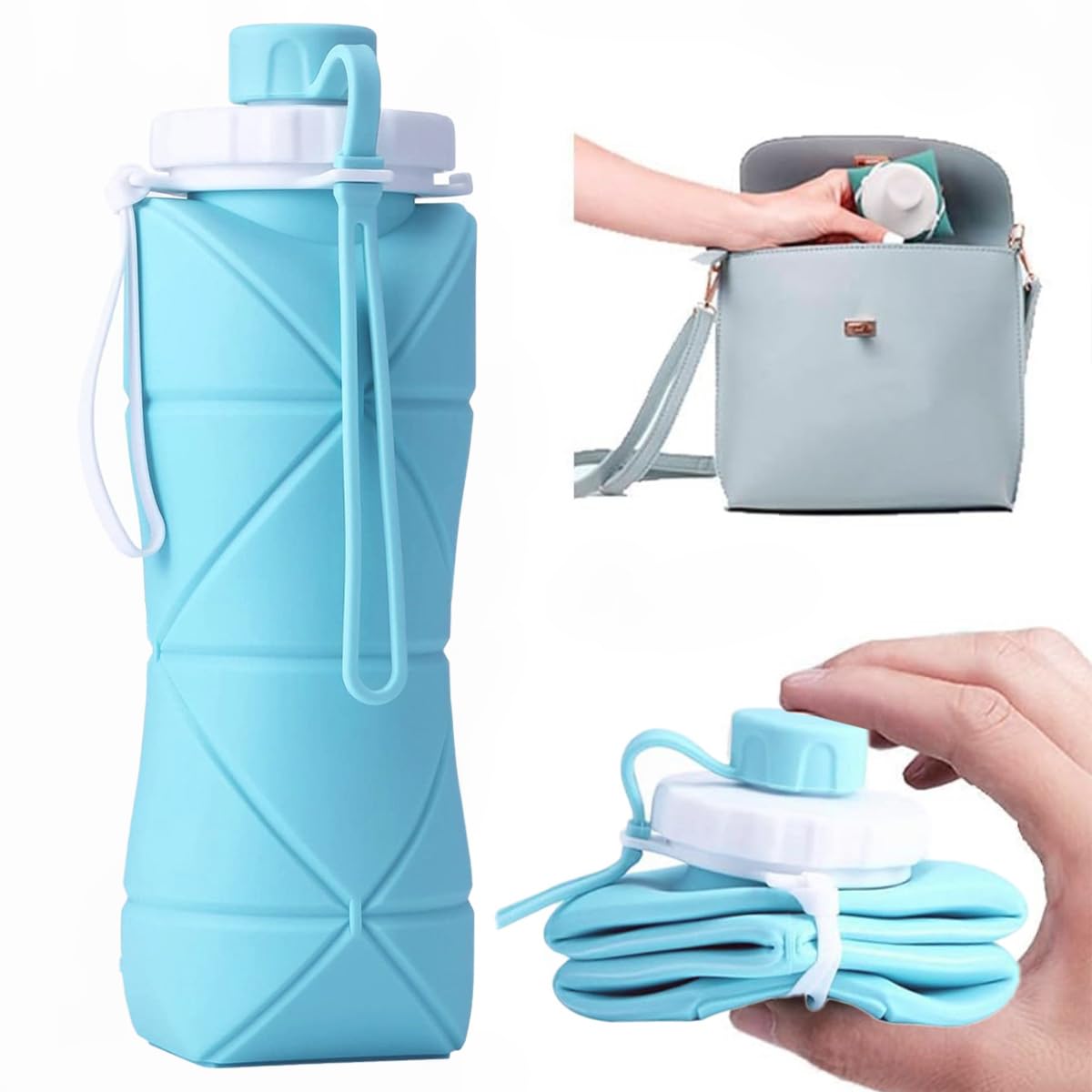 FlexiFold Collapsible Silicone Water Bottle | Folding Portable Leakproof Travel Flask for Gym School | 600ml