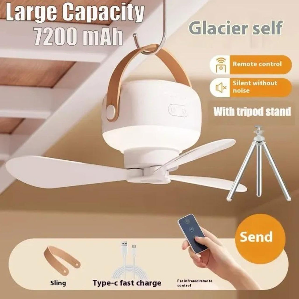 Portable Ceiling Fan with LED Light | 7200mAh Rechargeable Hanging & Desktop 2-in-1 Fan | Remote Control & Tripod Stand