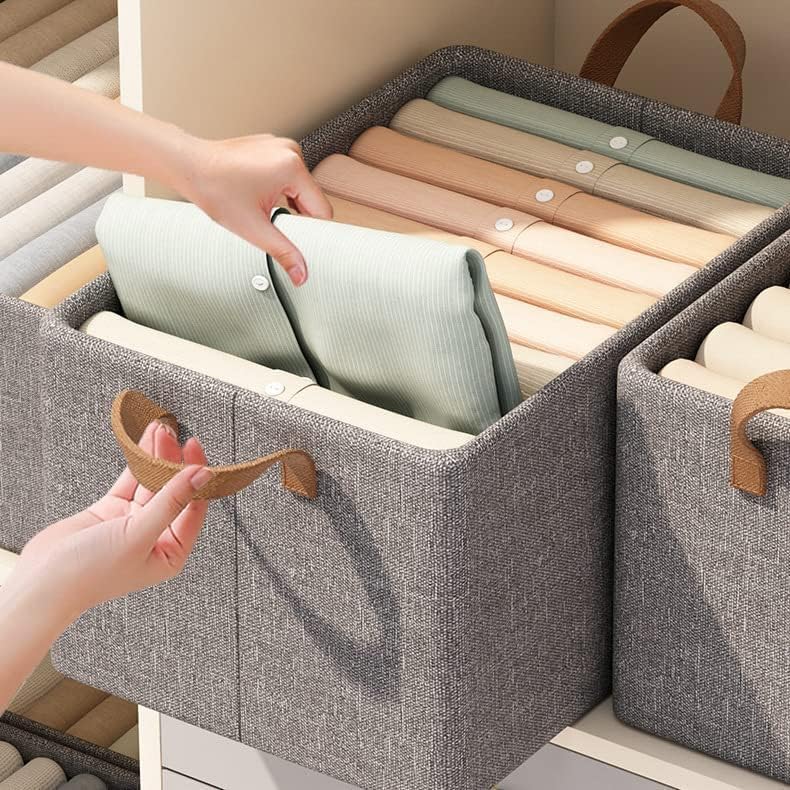 26L Fabric Storage Box Organizer | Foldable Wardrobe Clothes Organizer Basket with Faux Leather Handles | 47x28x20cm