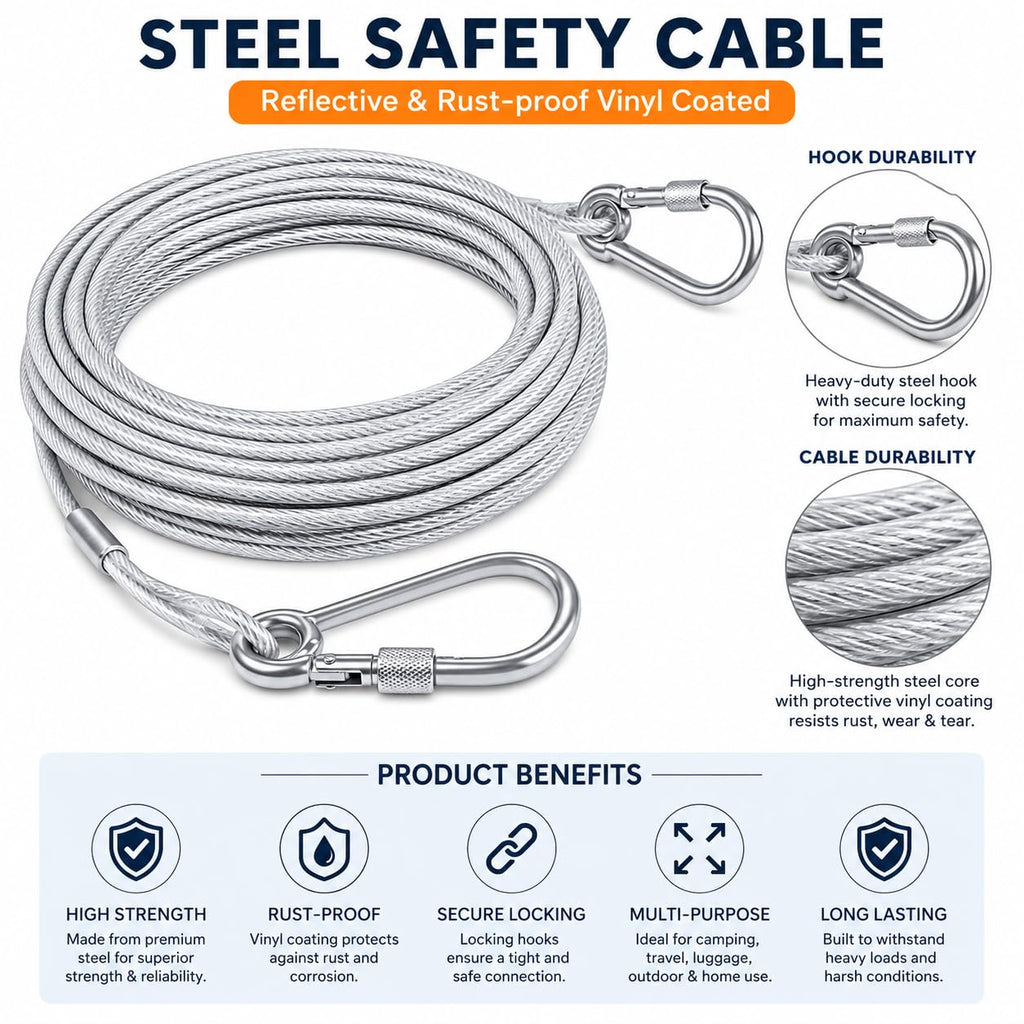 Heavy-Duty Stainless Steel Clothes Drying Rope with Lockable Hooks (10 Meter)