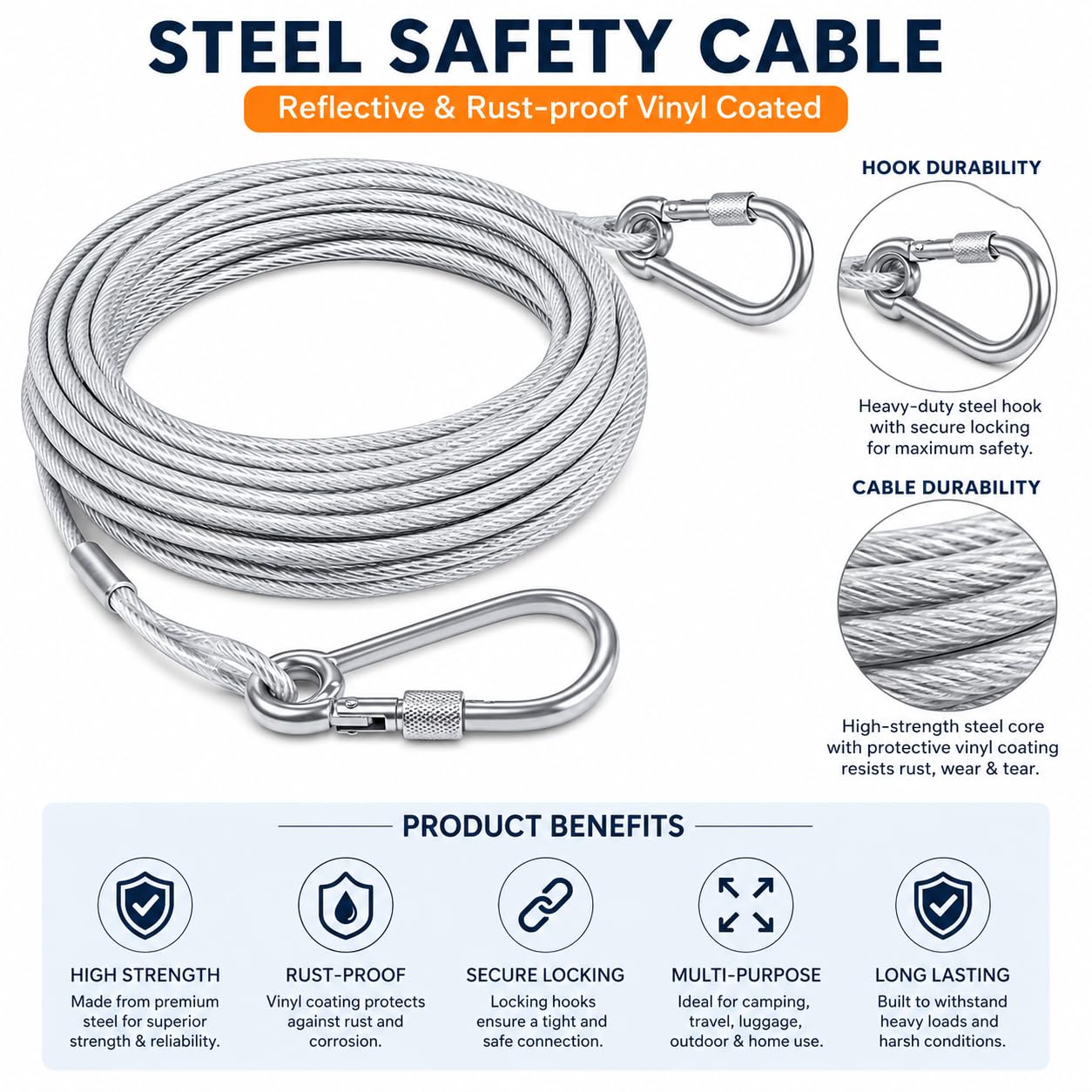 Heavy-Duty Stainless Steel Clothes Drying Rope with Lockable Hooks (10 Meter)