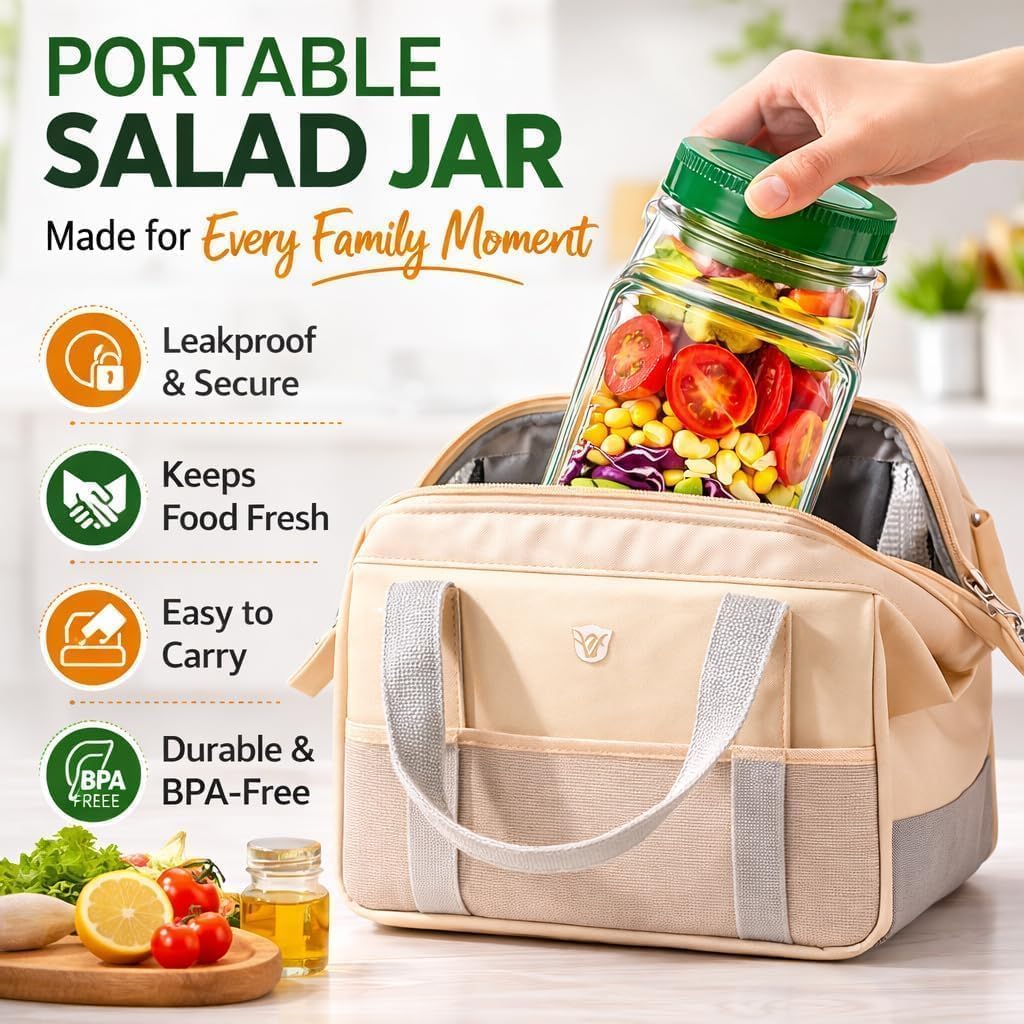 BowlCraft Side-Opening Salad Jar with Dressing Cup | Portable Leakproof Mason Lunch Container | Shakeable Healthy Meal Prep Box | 500ml