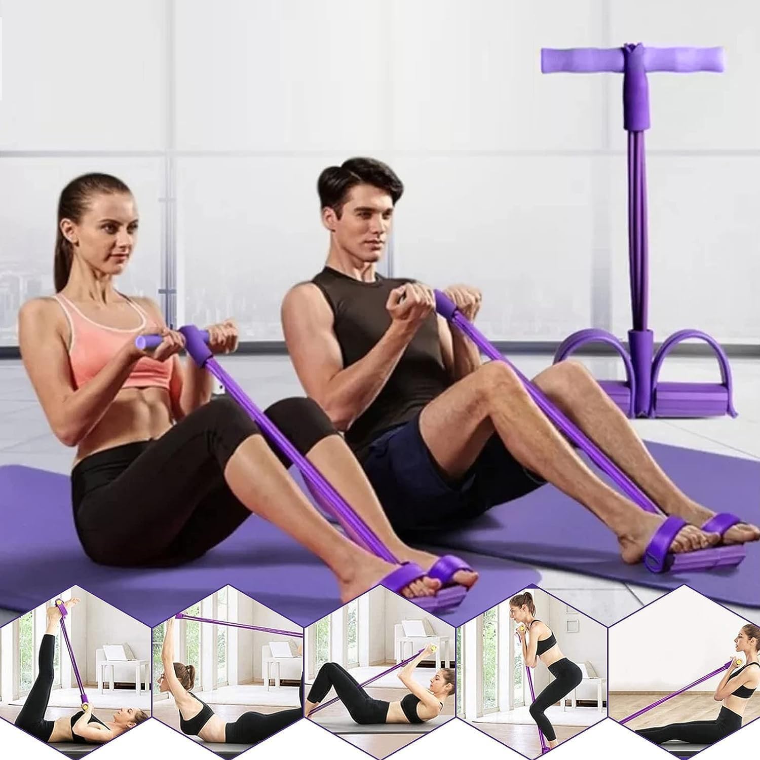 4-Tube Pedal Resistance Band for Home Workout & Tummy Toning