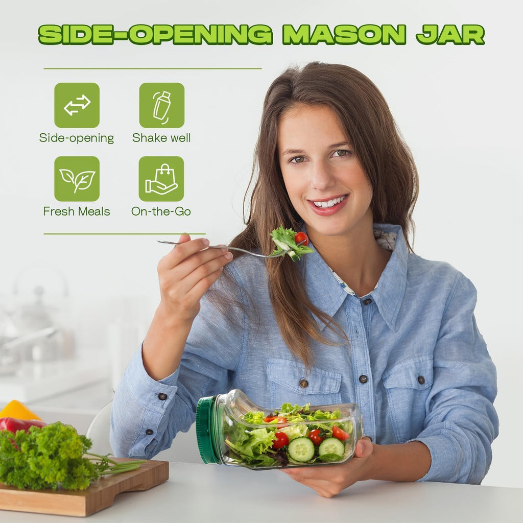 BowlCraft Side-Opening Salad Jar with Dressing Cup | Portable Leakproof Mason Lunch Container | Shakeable Healthy Meal Prep Box | 500ml