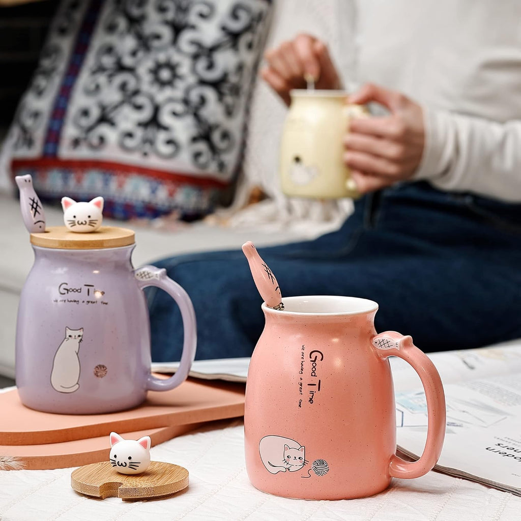 Cute Cat Ceramic Mug - with 3D Figurine Lid & Fish Spoon (380ml)