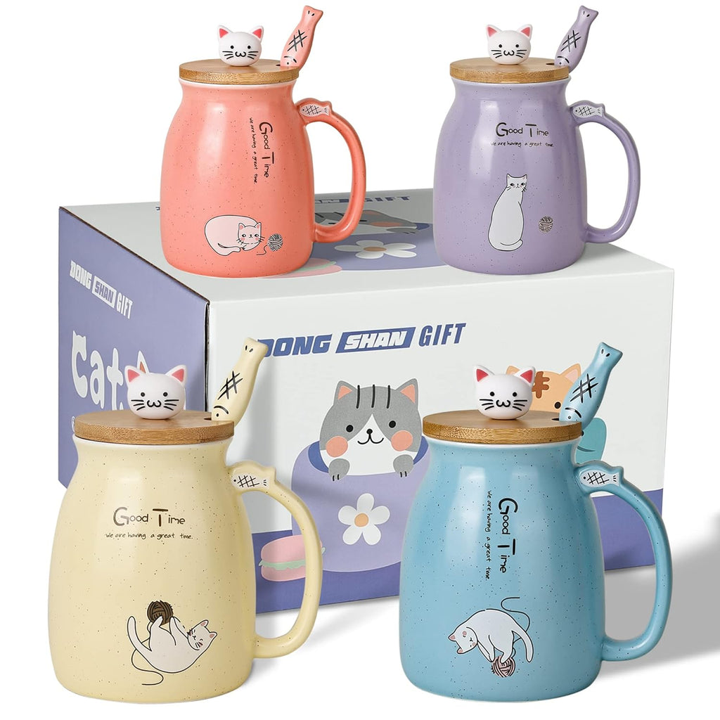 Cute Cat Ceramic Mug - with 3D Figurine Lid & Fish Spoon (380ml)