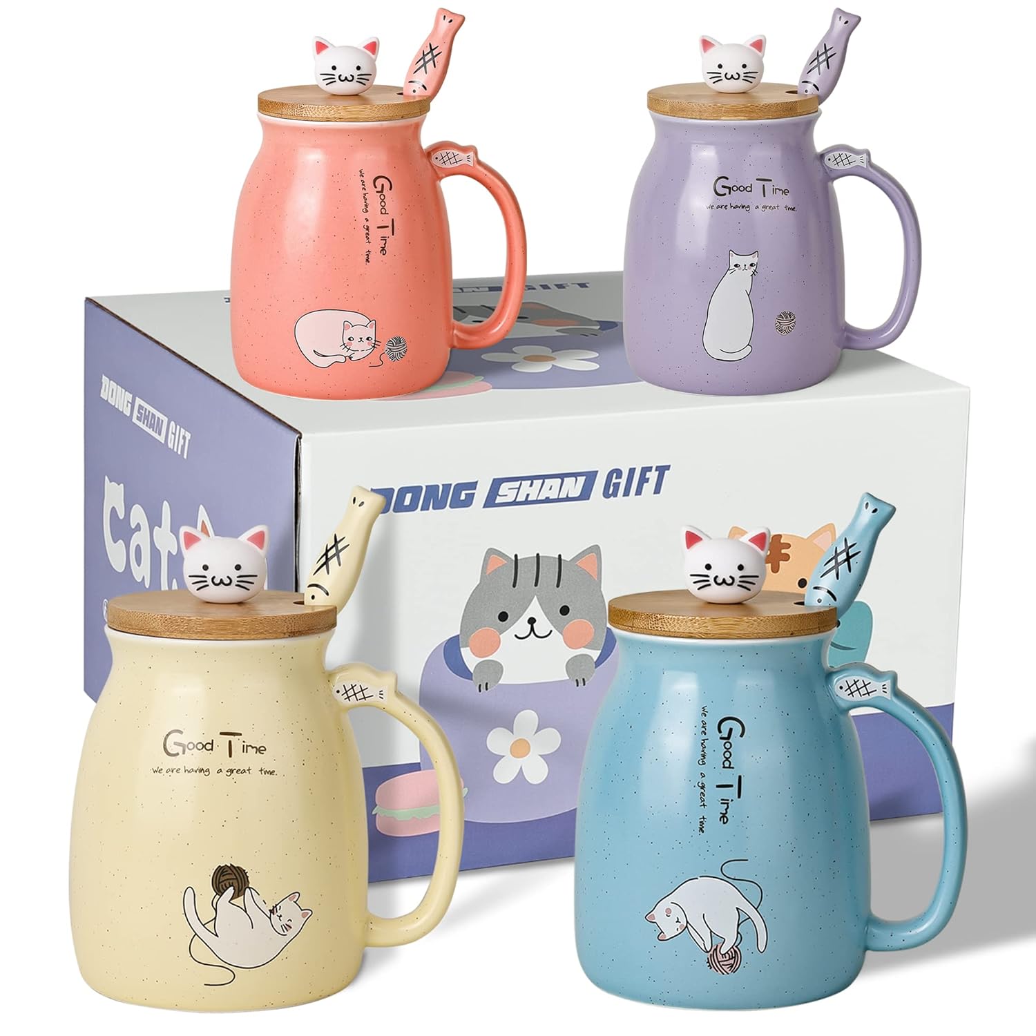 Cute Cat Ceramic Mug - with 3D Figurine Lid & Fish Spoon (380ml)