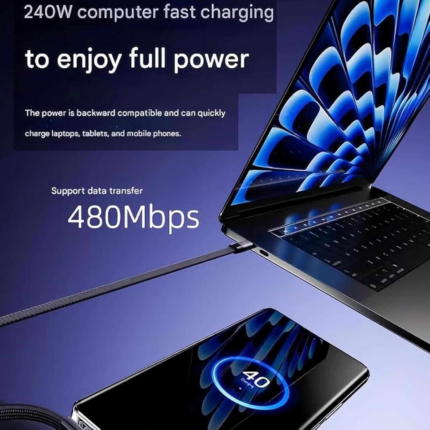 240W 2-in-1 Fast Charging Cable with Built-in Phone Stand