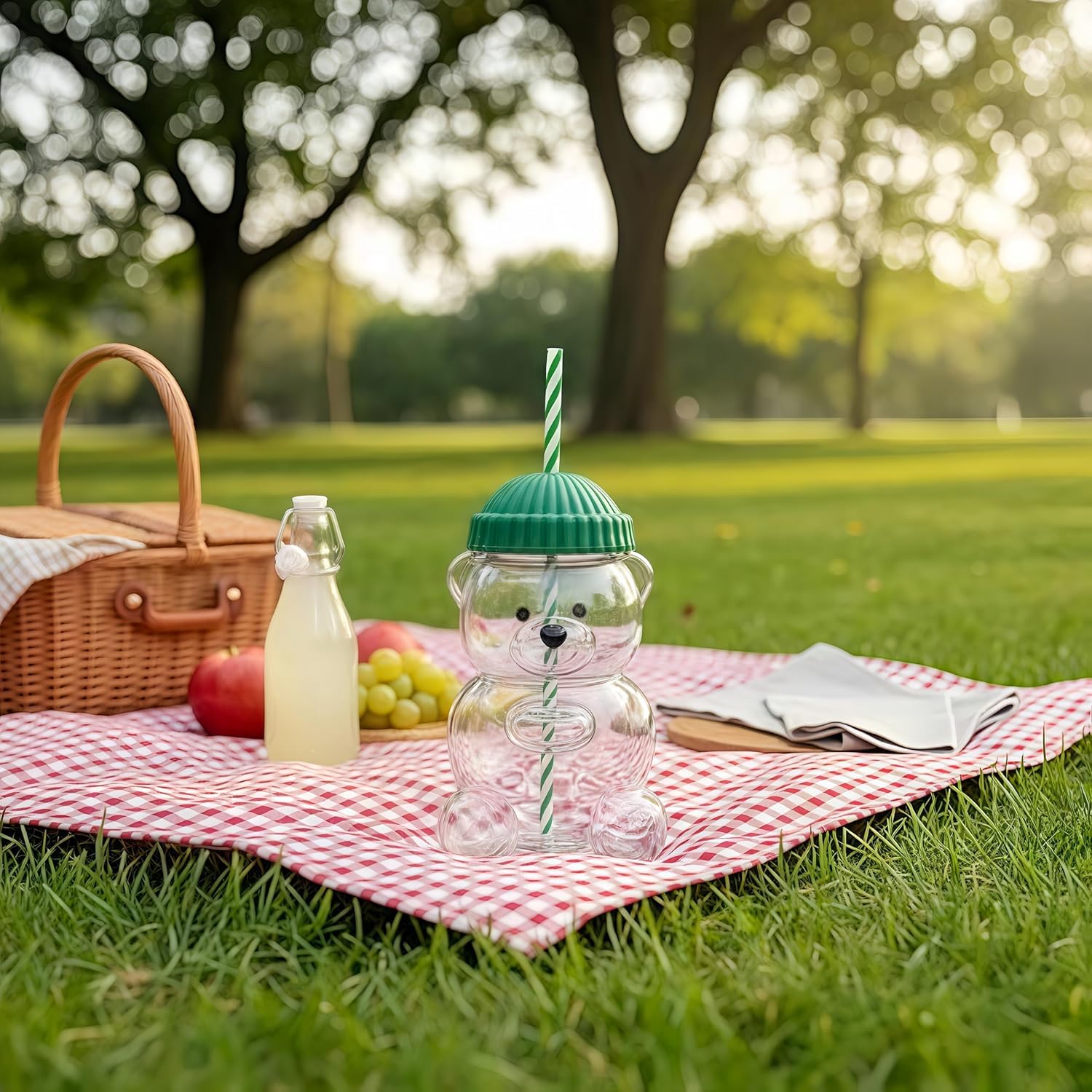 TeddySip | Bear Shaped Glass Cup Tumbler with Reusable Straw | 20 oz Leak-Proof Twist Cap Format | Cute Aesthetic Kawaii Water Bottle for Coffee Juice