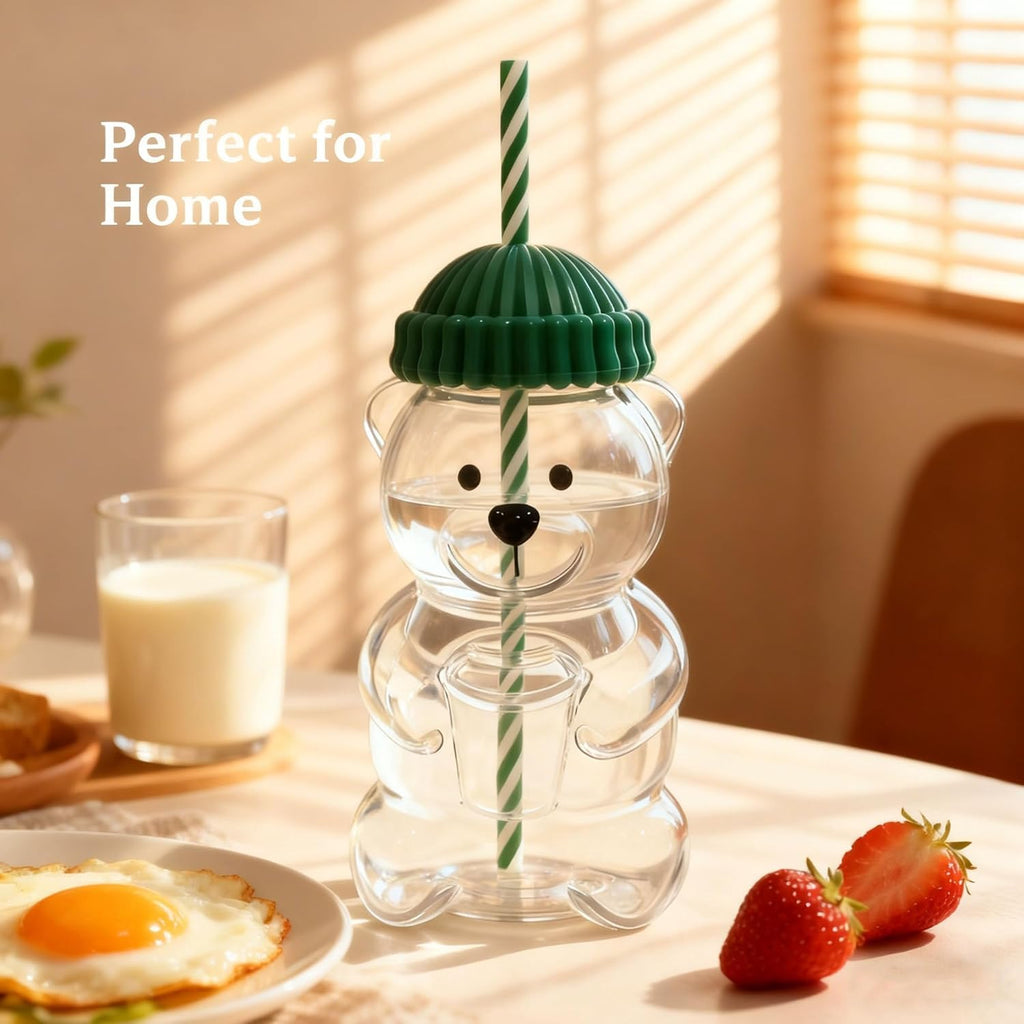 TeddySip | Bear Shaped Glass Cup Tumbler with Reusable Straw | 20 oz Leak-Proof Twist Cap Format | Cute Aesthetic Kawaii Water Bottle for Coffee Juice