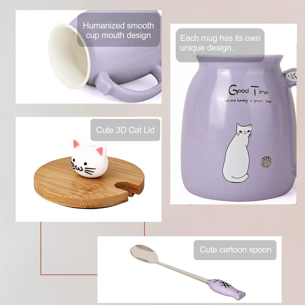 Cute Cat Ceramic Mug - with 3D Figurine Lid & Fish Spoon (380ml)