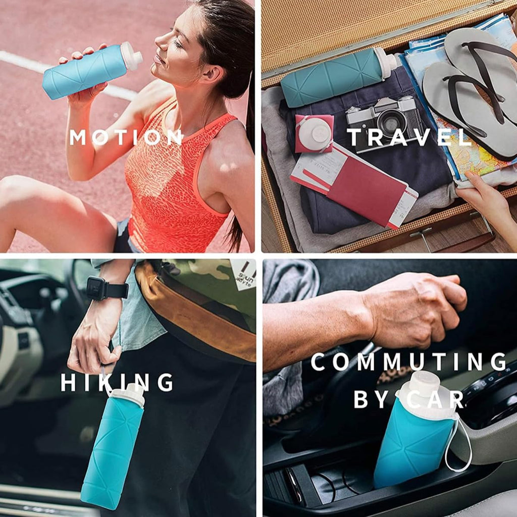 FlexiFold Collapsible Silicone Water Bottle | Folding Portable Leakproof Travel Flask for Gym School | 600ml
