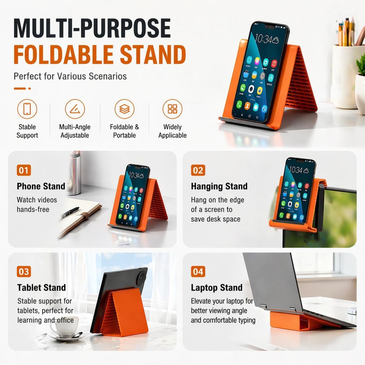 Mobile Stand for Desk - Orange Flexible Silicone Multi-Angle Adjustable Phone Holder