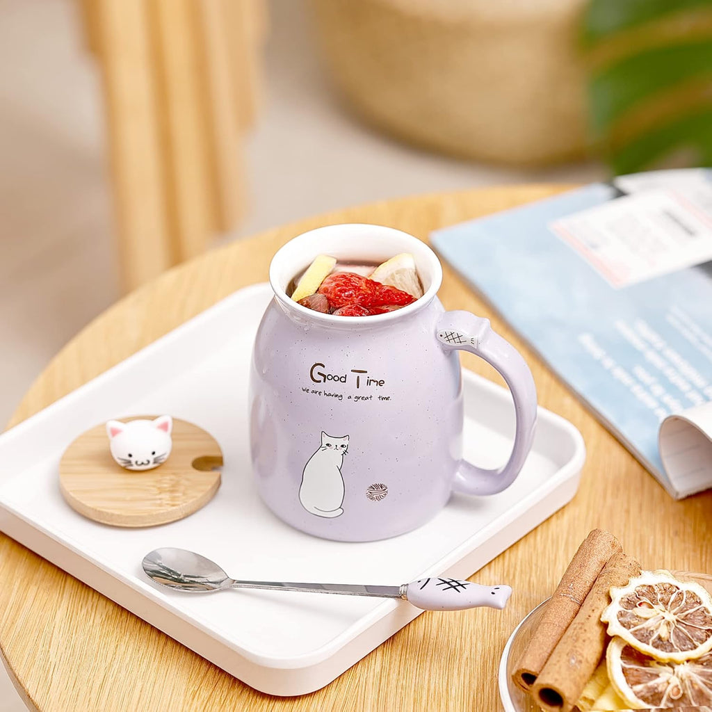 Cute Cat Ceramic Mug - with 3D Figurine Lid & Fish Spoon (380ml)