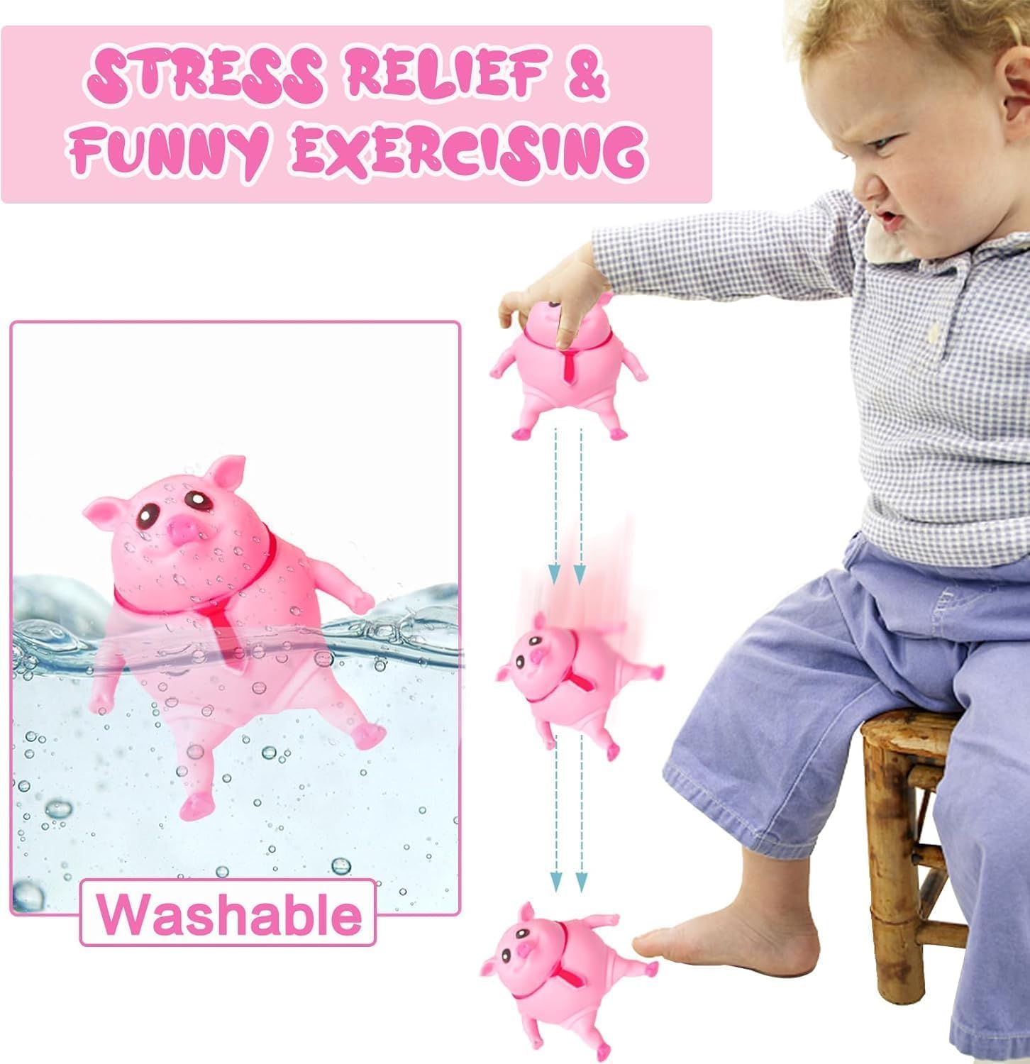 PorkySqueeze Elastic Pink Squishy Pig Toy | Stretchable Stress Relief Anti-Anxiety Fidget Toy | Washable Cute Desk Companion | 14cm
