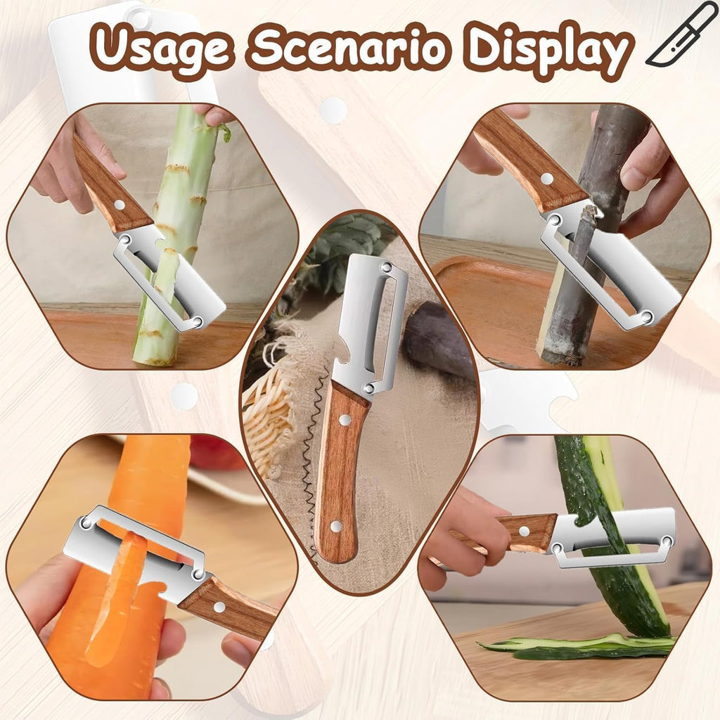 TimberGlide 2-in-1 Vegetable Peeler & Fruit Slicer | Stainless Steel Dual-Blade Format | Built-in Bottle Opener with Ergonomic Wooden Handle