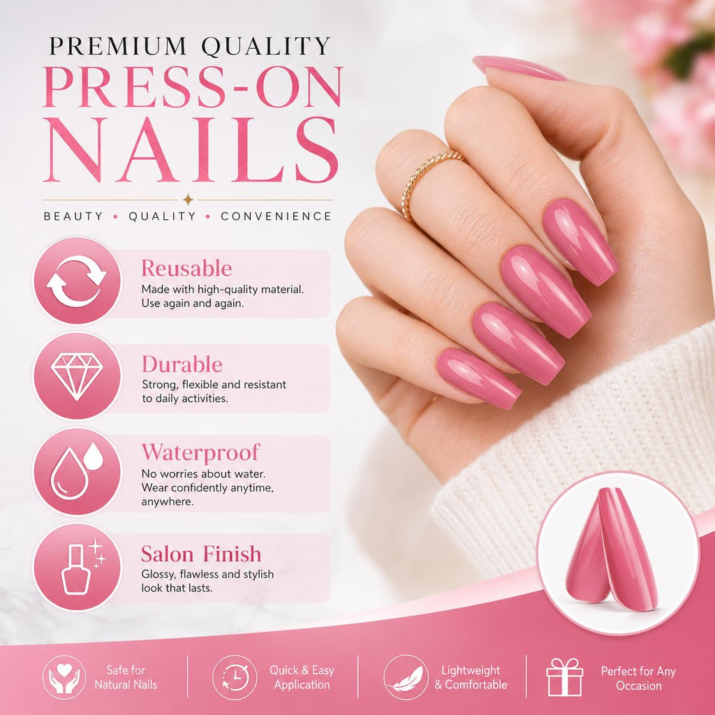 576pcs Press-On Nails Set | 24 Trendy Colors Full Cover Glossy Fake Nails with Organizer Box | Premium ABS Flexible Reusable Nail Extensions Kit