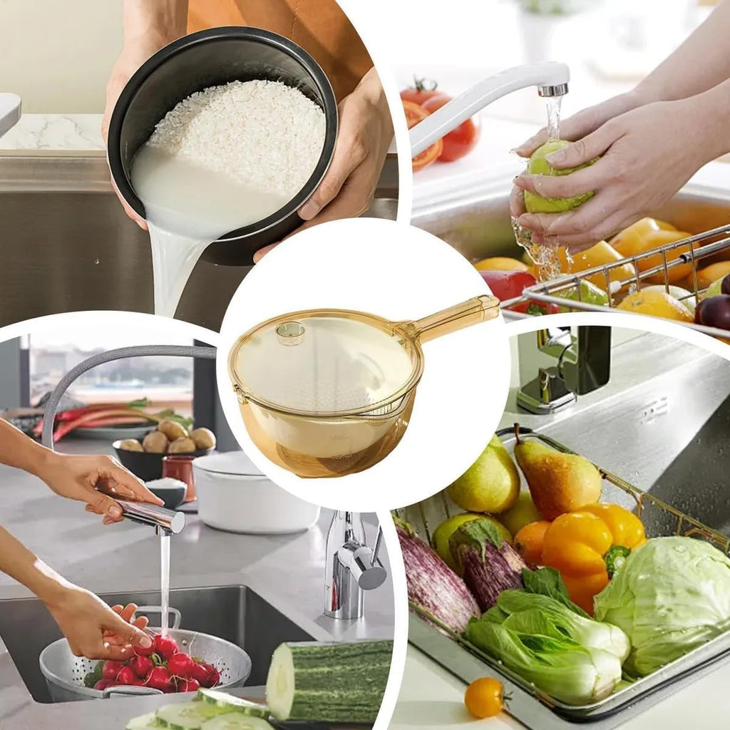 SpinDrain Double-Layer Rotatable Colander | Handle Draining Bowl with Lid for Rice Vegetable Fruit Wash | 360° Swivel Design