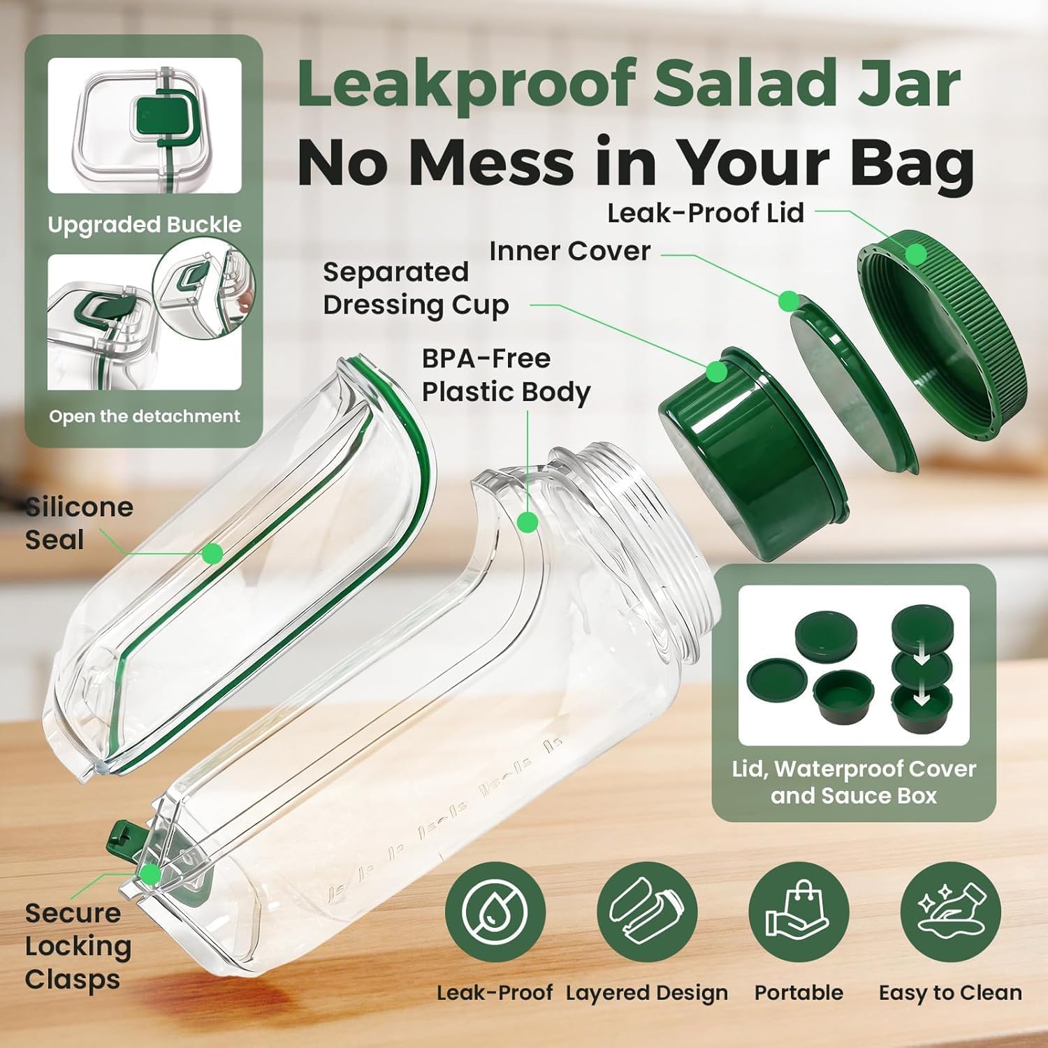 BowlCraft Side-Opening Salad Jar with Dressing Cup | Portable Leakproof Mason Lunch Container | Shakeable Healthy Meal Prep Box | 500ml