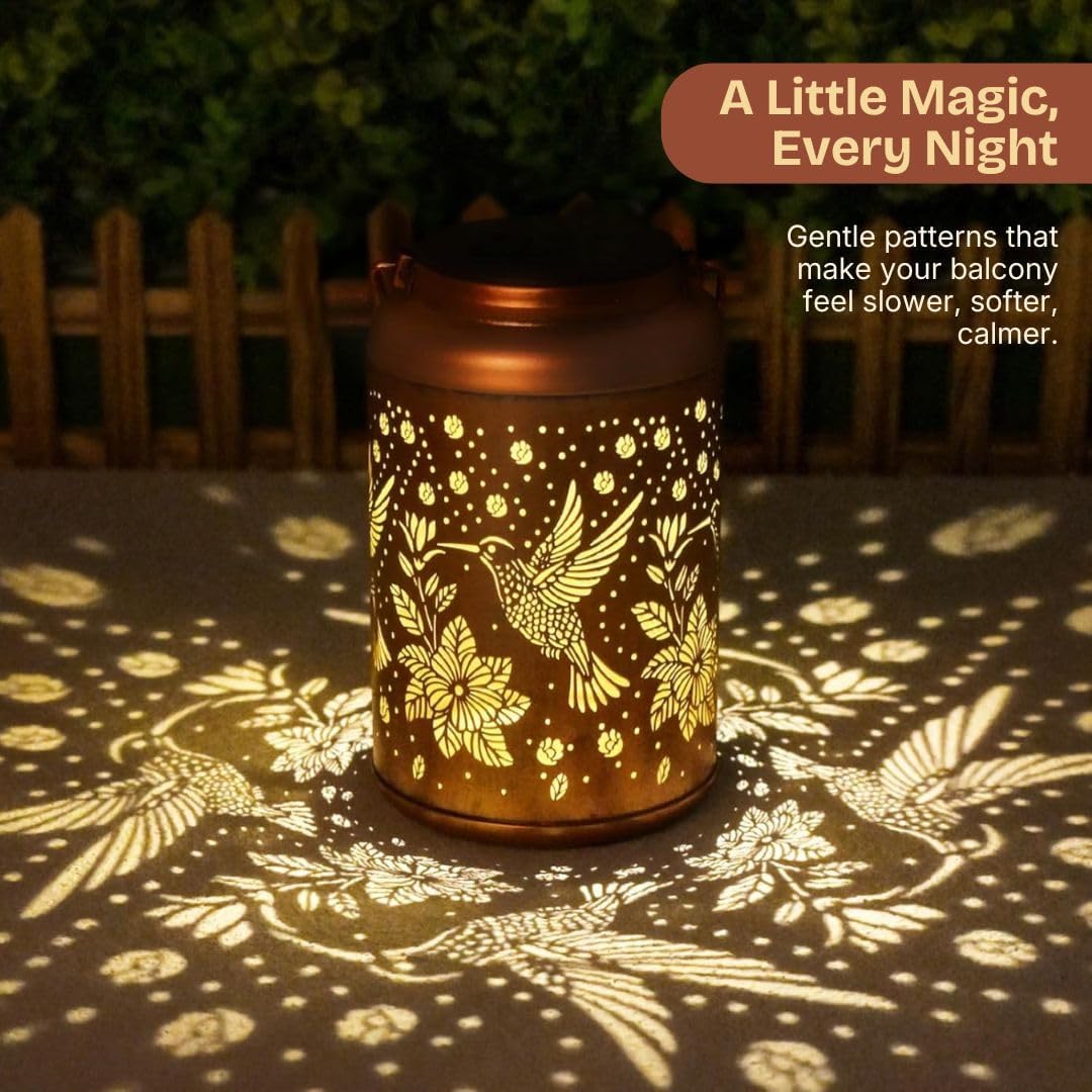 VintaGlow Hummingbird Solar Lantern with Metal Hollow Shadow Projection