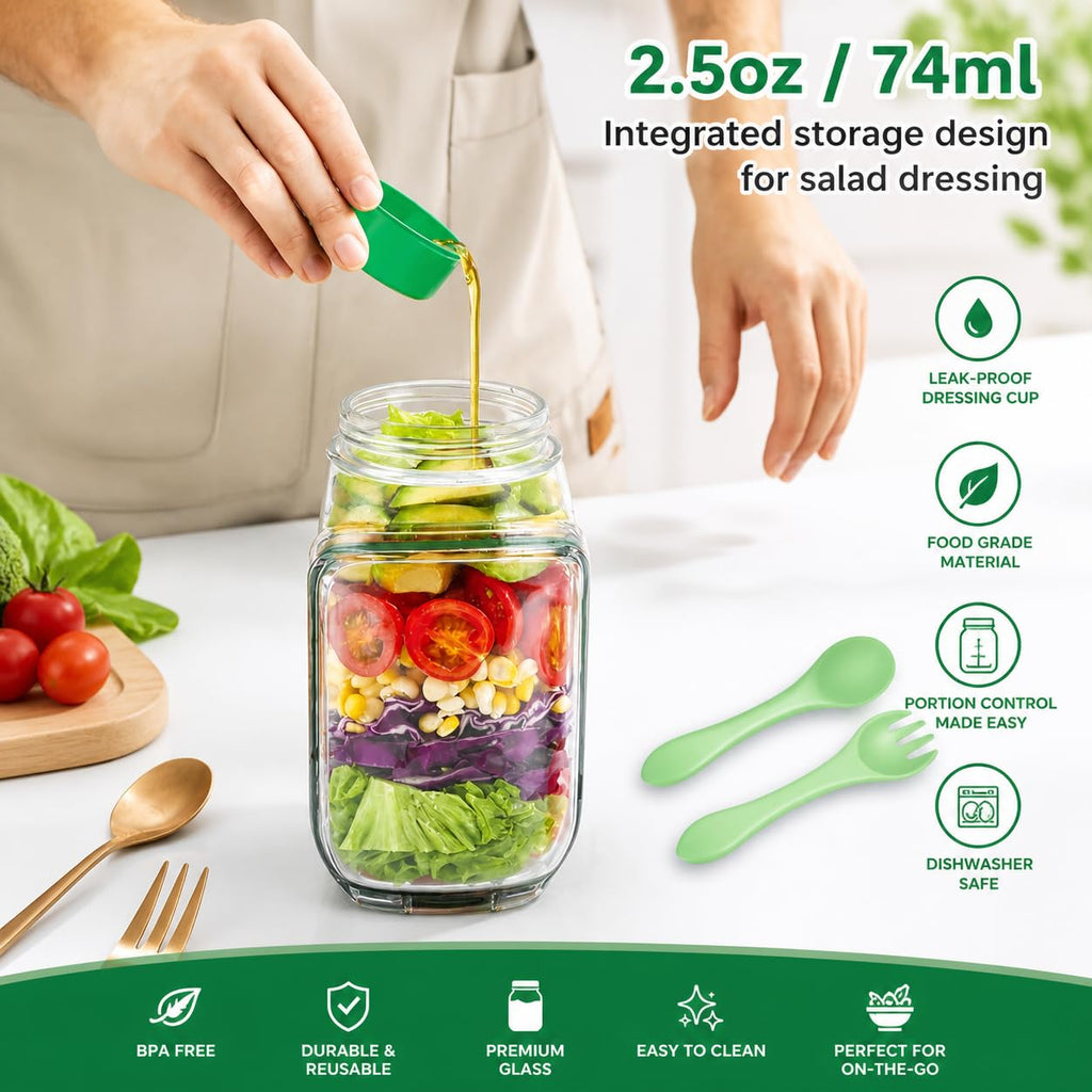 BowlCraft Side-Opening Salad Jar with Dressing Cup | Portable Leakproof Mason Lunch Container | Shakeable Healthy Meal Prep Box | 500ml