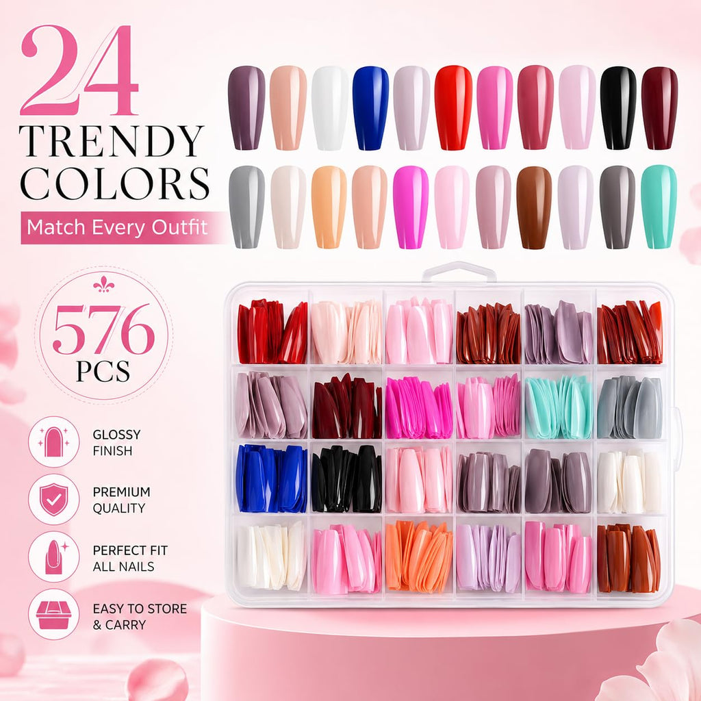 576pcs Press-On Nails Set | 24 Trendy Colors Full Cover Glossy Fake Nails with Organizer Box | Premium ABS Flexible Reusable Nail Extensions Kit