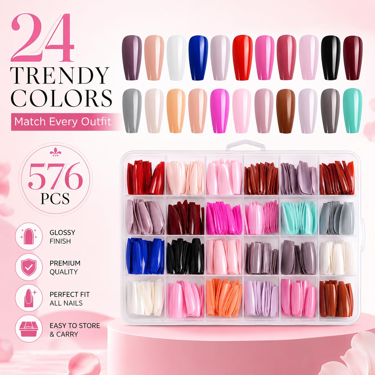 576pcs Press-On Nails Set | 24 Trendy Colors Full Cover Glossy Fake Nails with Organizer Box | Premium ABS Flexible Reusable Nail Extensions Kit