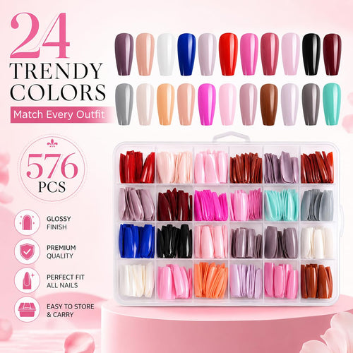 576pcs Press-On Nails Set | 24 Trendy Colors Full Cover Glossy Fake Nails with Organizer Box | Premium ABS Flexible Reusable Nail Extensions Kit