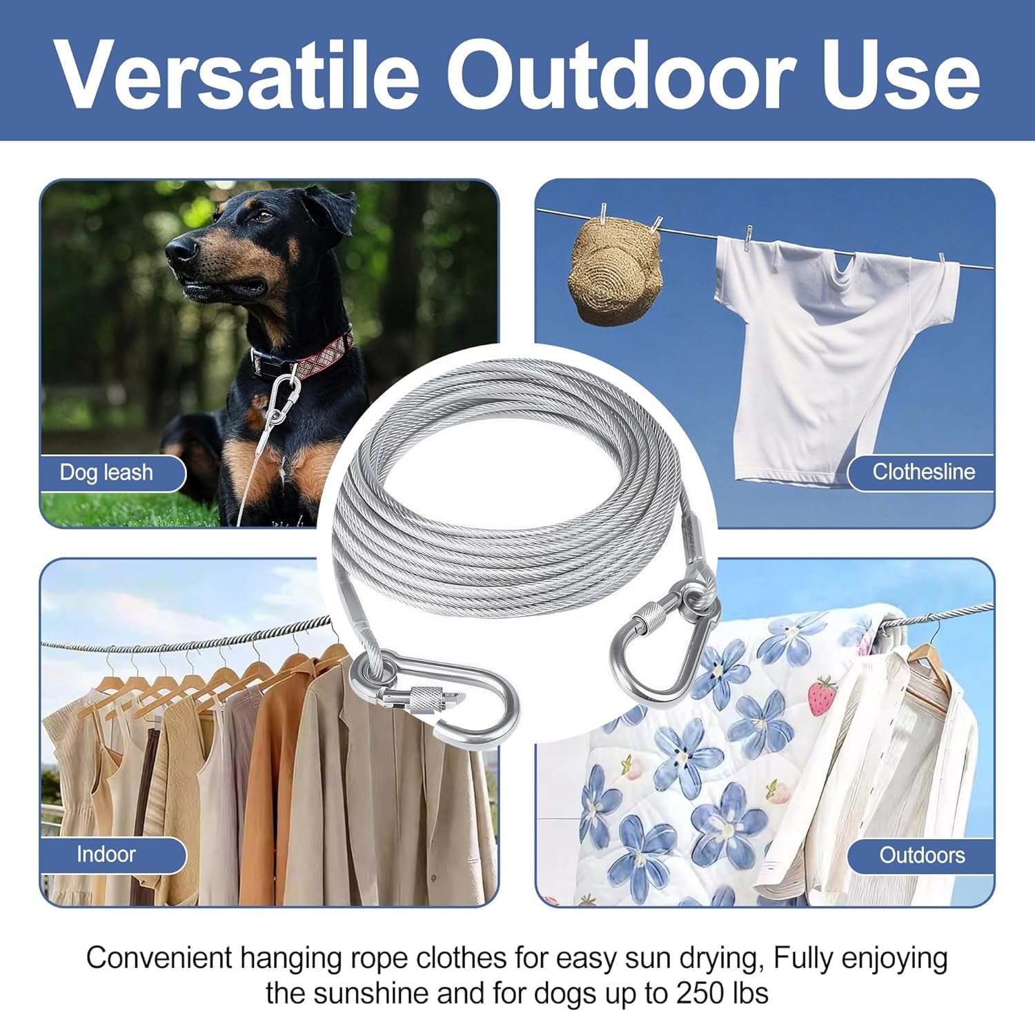 Heavy-Duty Stainless Steel Clothes Drying Rope with Lockable Hooks (10 Meter)
