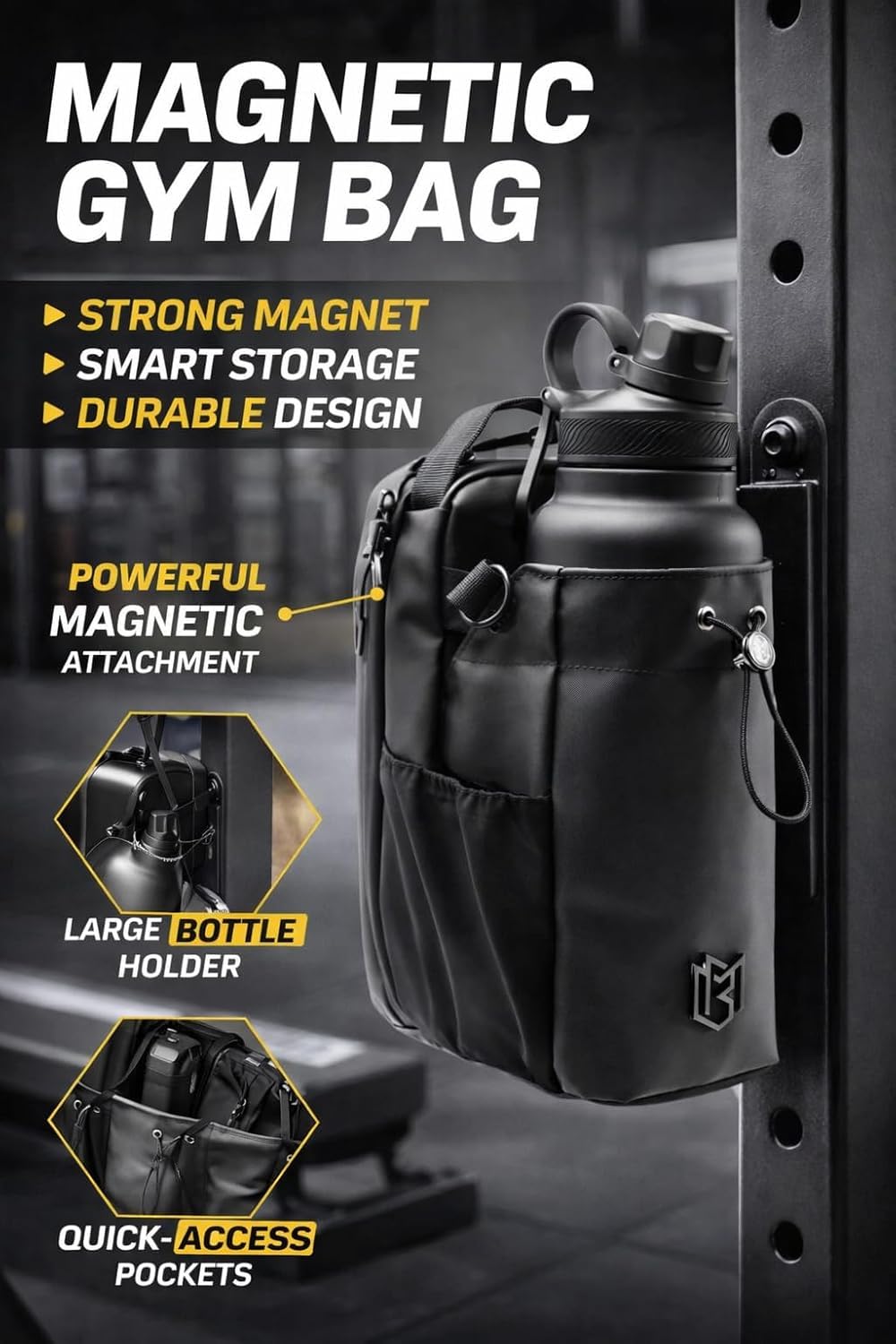 Magnetic Gym Bag and Bottle Holder | Tactical Crossbody Sling Fitness Organizer with AirTag Pocket & Key Clasp | Multi-Pocket Steel Mount Pouch