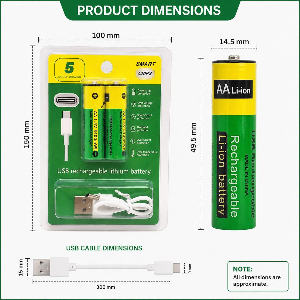 Type-C Rechargeable AA Lithium Batteries with Charging Cable (Pack of 2)