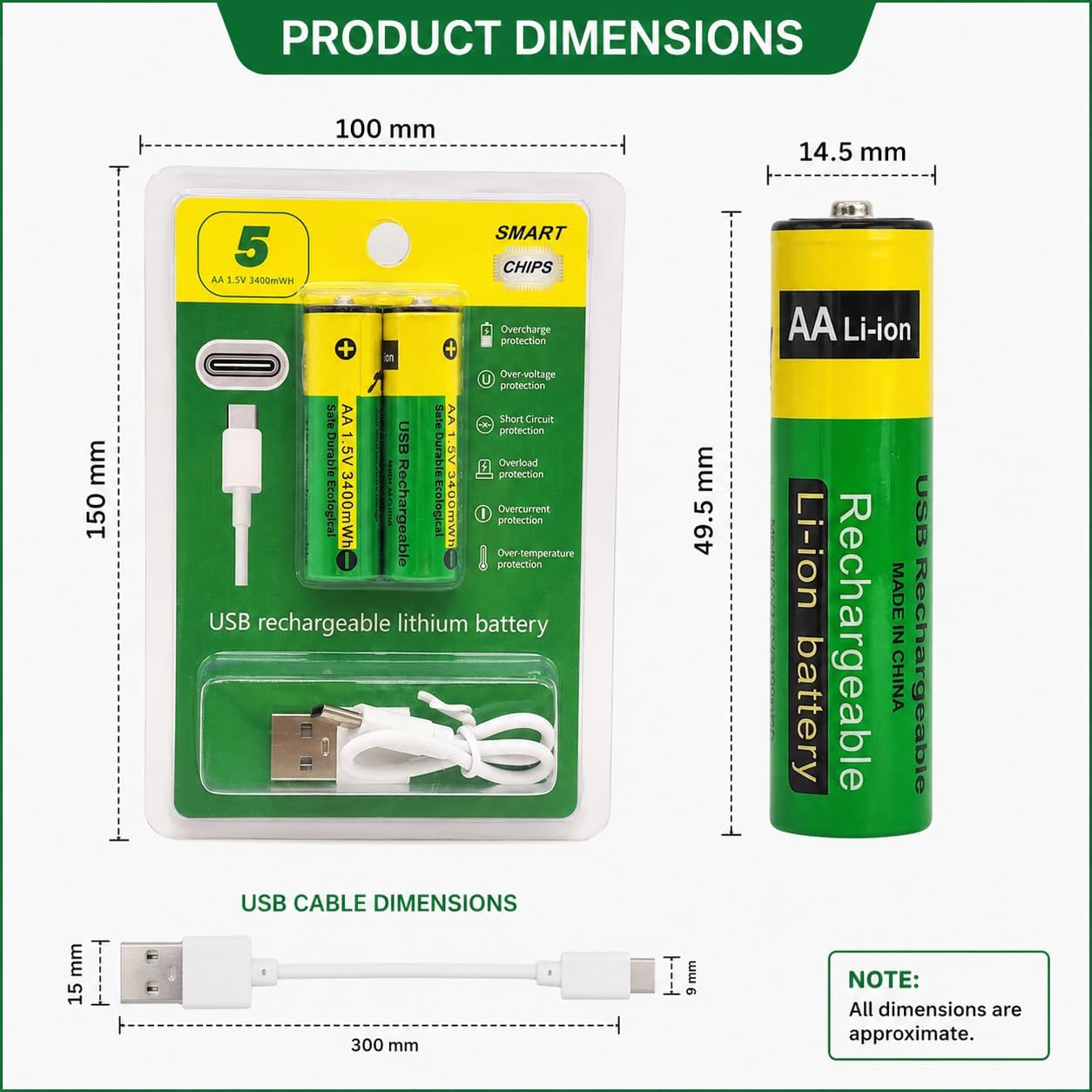Type-C Rechargeable AA Lithium Batteries with Charging Cable (Pack of 2)