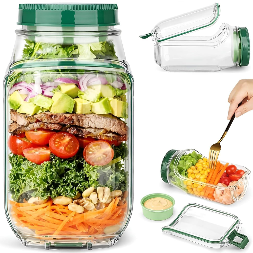 BowlCraft Side-Opening Salad Jar with Dressing Cup | Portable Leakproof Mason Lunch Container | Shakeable Healthy Meal Prep Box | 500ml