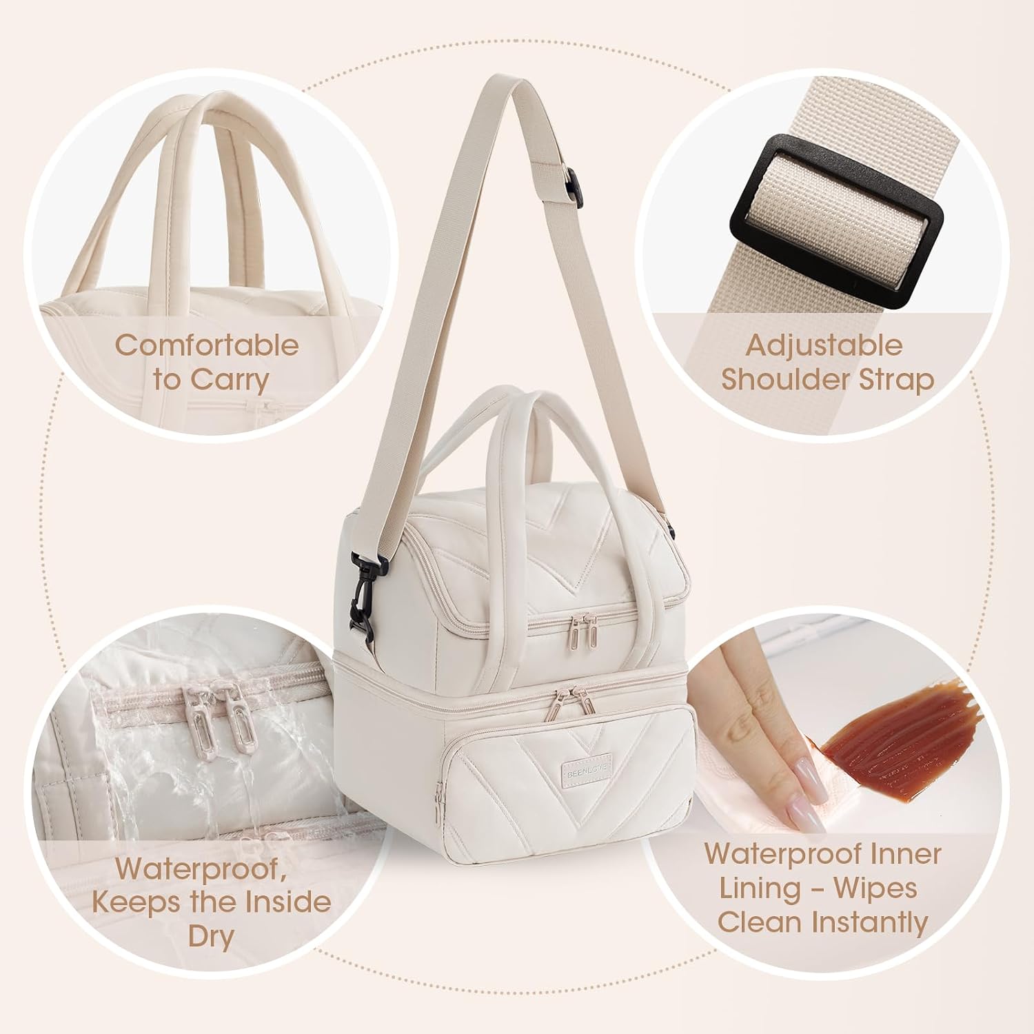DuplexQuilt Dual Zipper Insulated Lunch Bag | Double Layer Large Capacity Thermal Tote | Water-Resistant Bento Box Organizer with Shoulder Strap for Office College