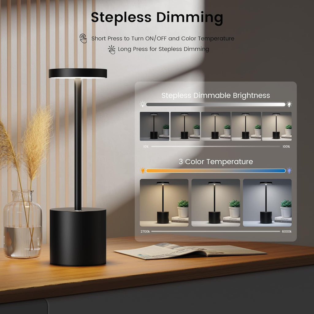 AuraBar Cordless Metal LED Table Lamp | Rechargeable Touch Control Desk Light | Minimalist Ambient Night Lamp