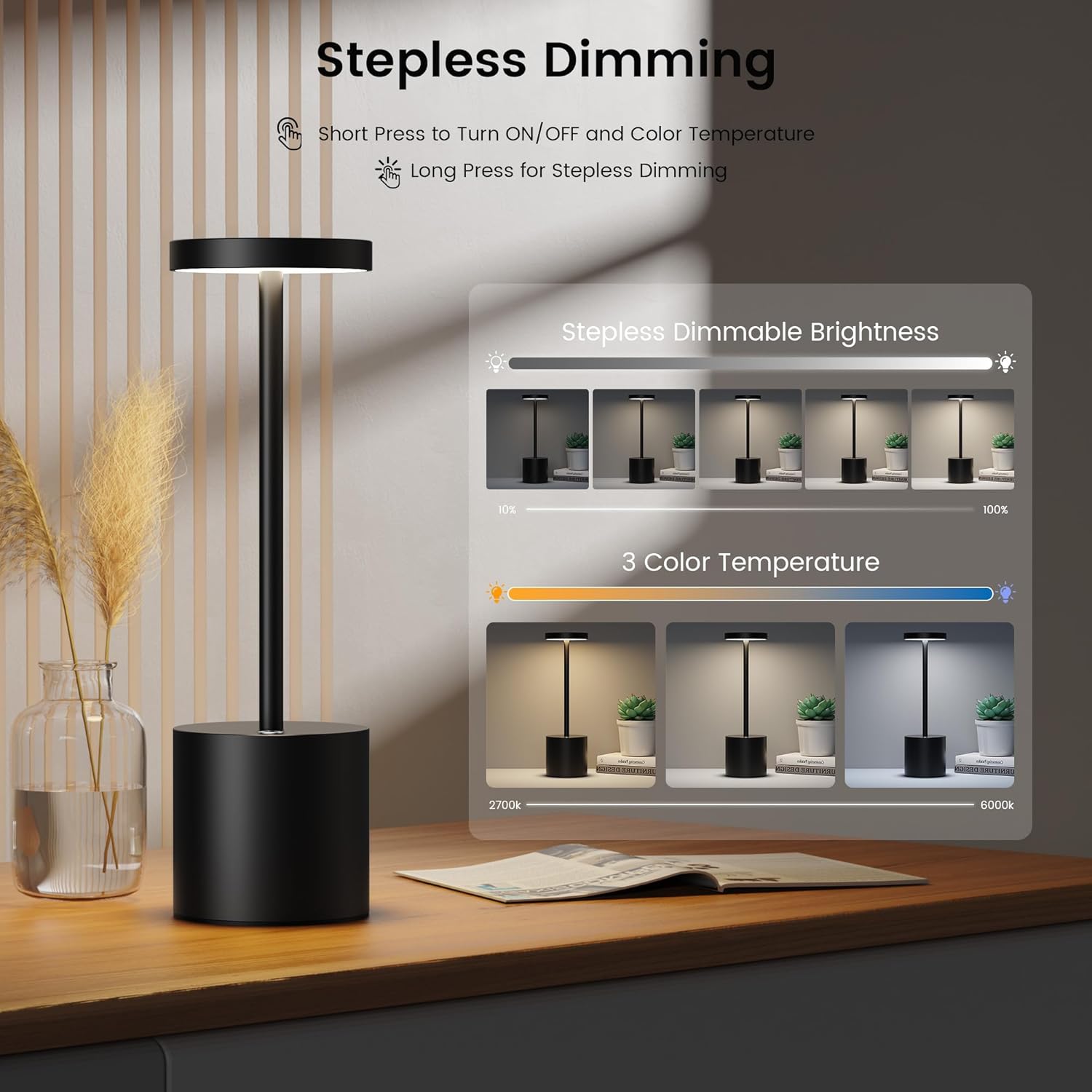 AuraBar Cordless Metal LED Table Lamp | Rechargeable Touch Control Desk Light | Minimalist Ambient Night Lamp