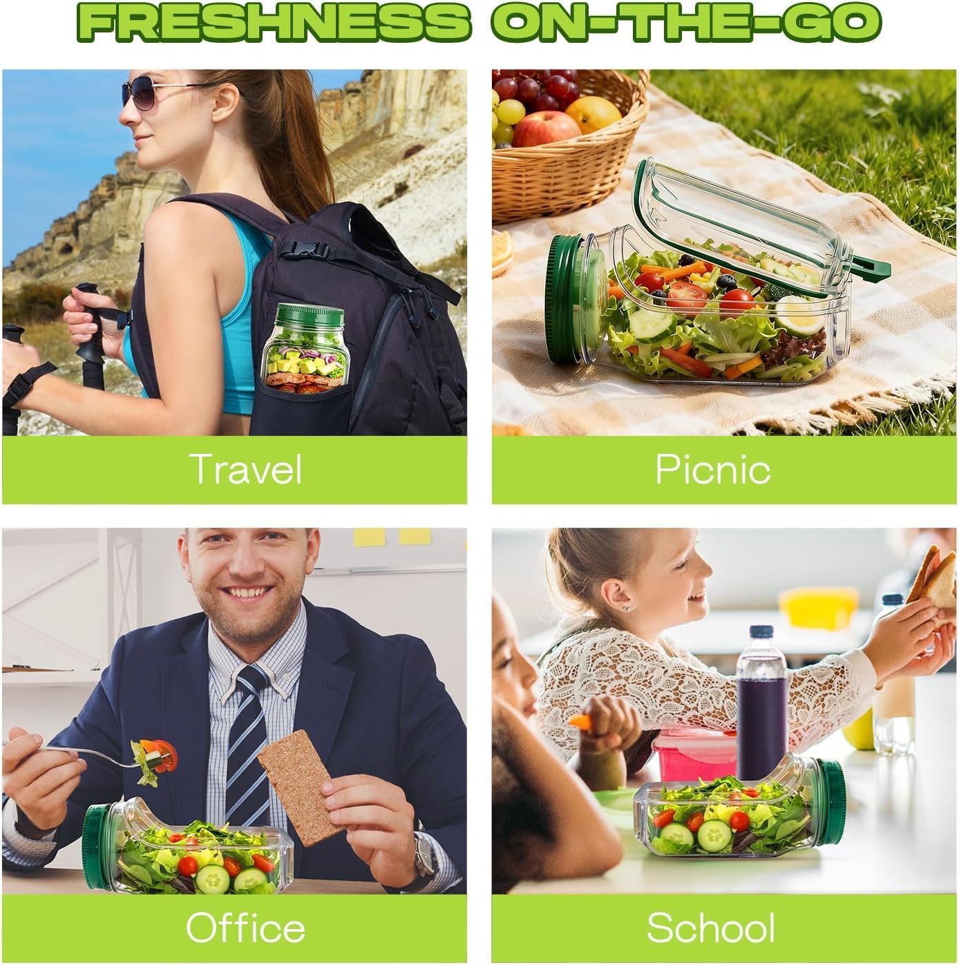 BowlCraft Side-Opening Salad Jar with Dressing Cup | Portable Leakproof Mason Lunch Container | Shakeable Healthy Meal Prep Box | 500ml