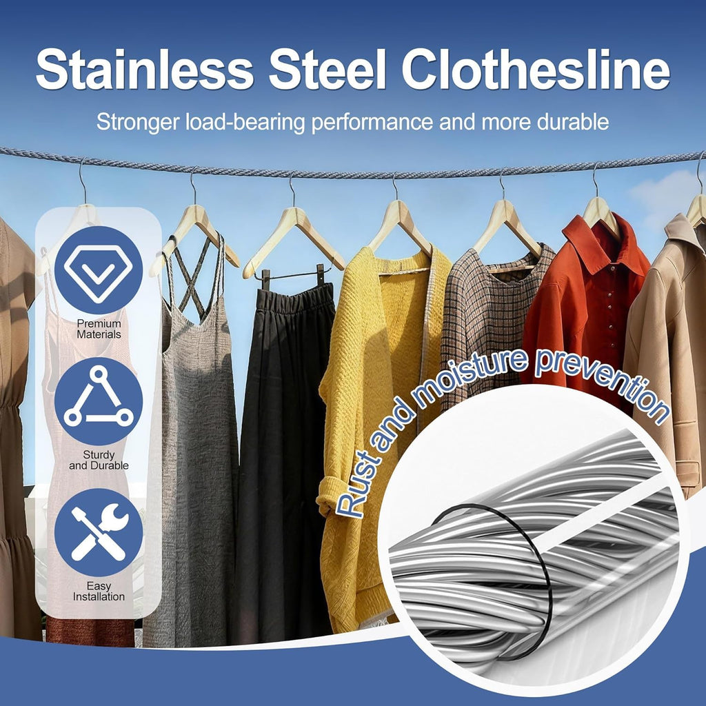 Heavy-Duty Stainless Steel Clothes Drying Rope with Lockable Hooks (10 Meter)