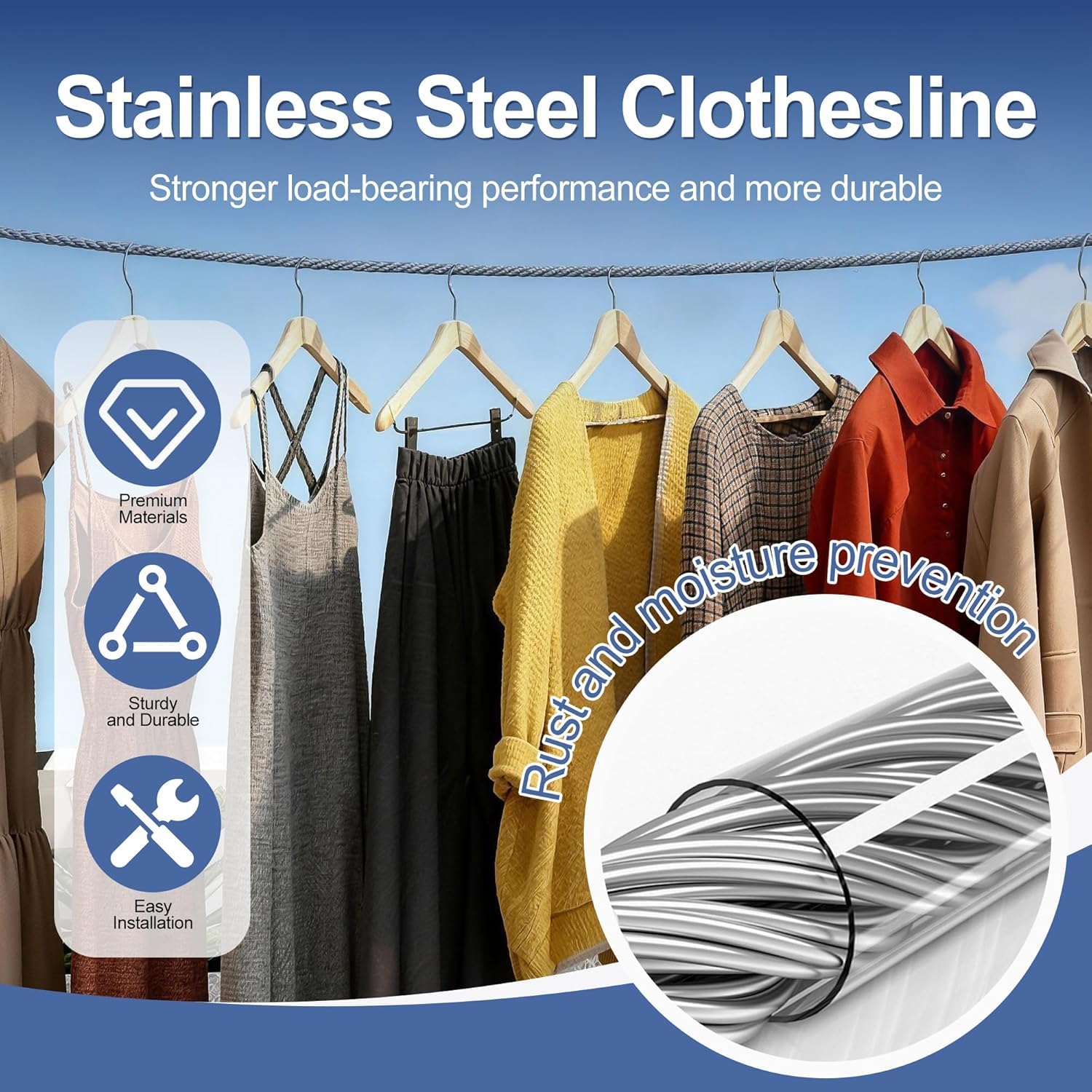 Heavy-Duty Stainless Steel Clothes Drying Rope with Lockable Hooks (10 Meter)