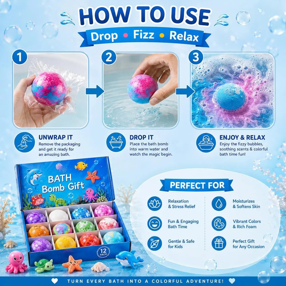 Kids Bath Bombs with Toys Inside - 12 Pack Organic Multi-Fragrance Gift Set