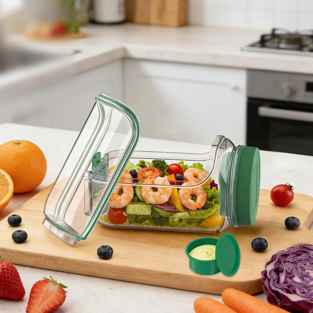 BowlCraft Side-Opening Salad Jar with Dressing Cup | Portable Leakproof Mason Lunch Container | Shakeable Healthy Meal Prep Box | 500ml