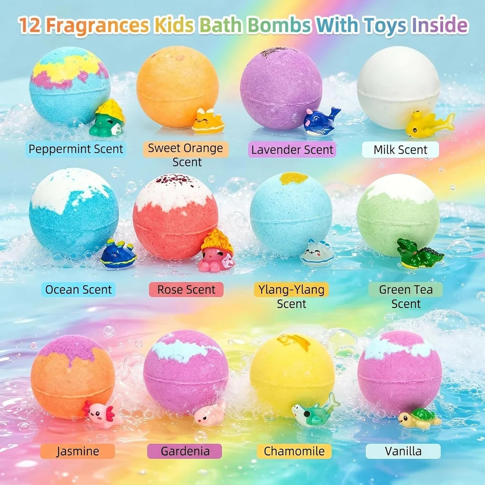 Kids Bath Bombs with Toys Inside - 12 Pack Organic Multi-Fragrance Gift Set