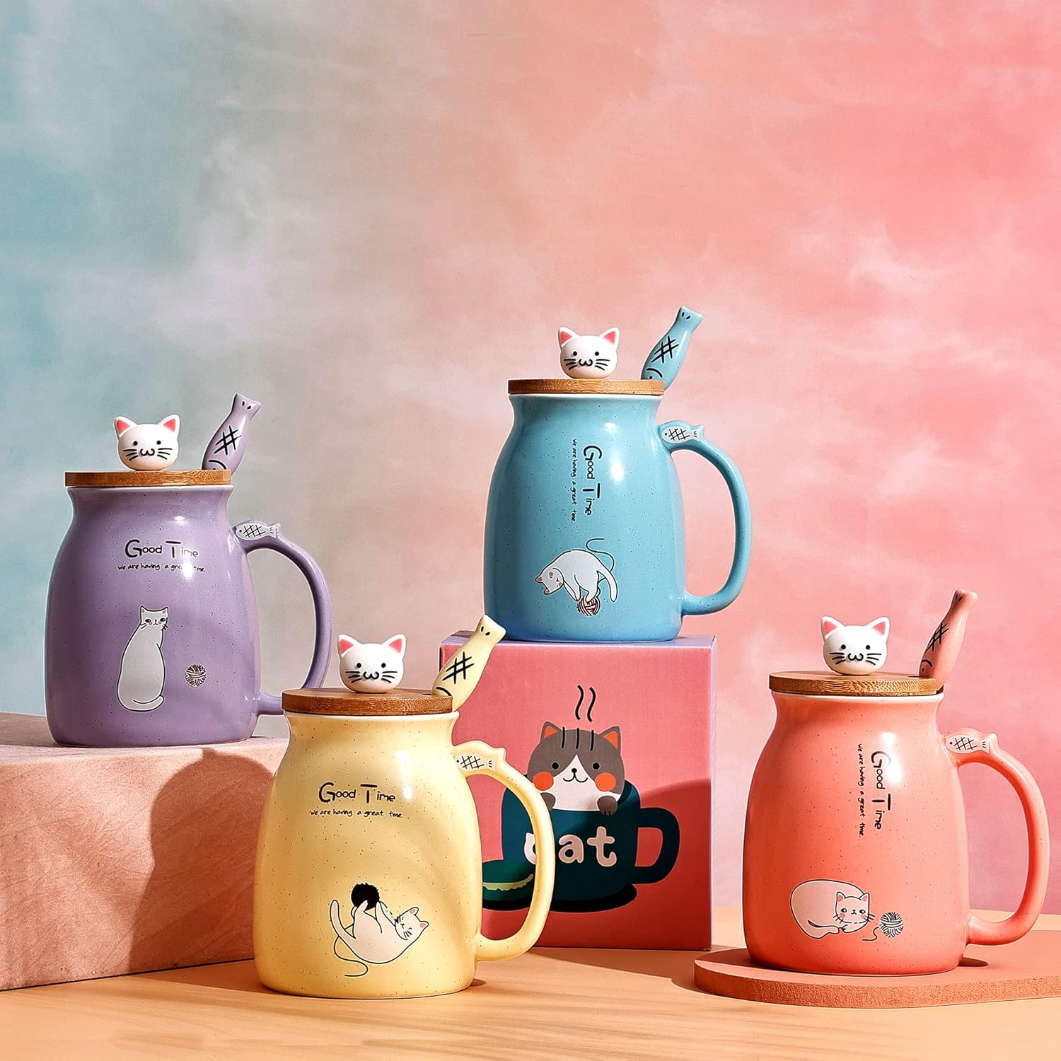 Cute Cat Ceramic Mug - with 3D Figurine Lid & Fish Spoon (380ml)