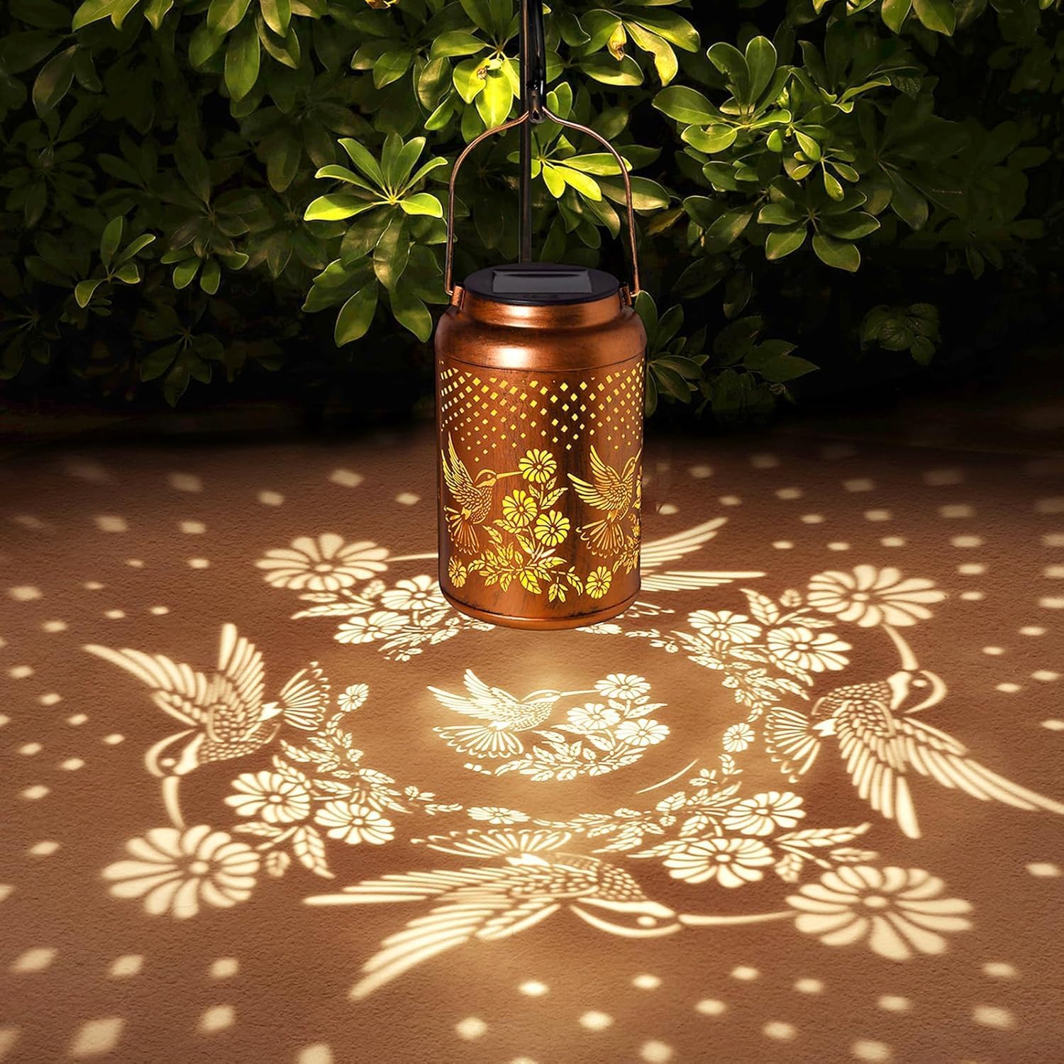 VintaGlow Hummingbird Solar Lantern with Metal Hollow Shadow Projection
