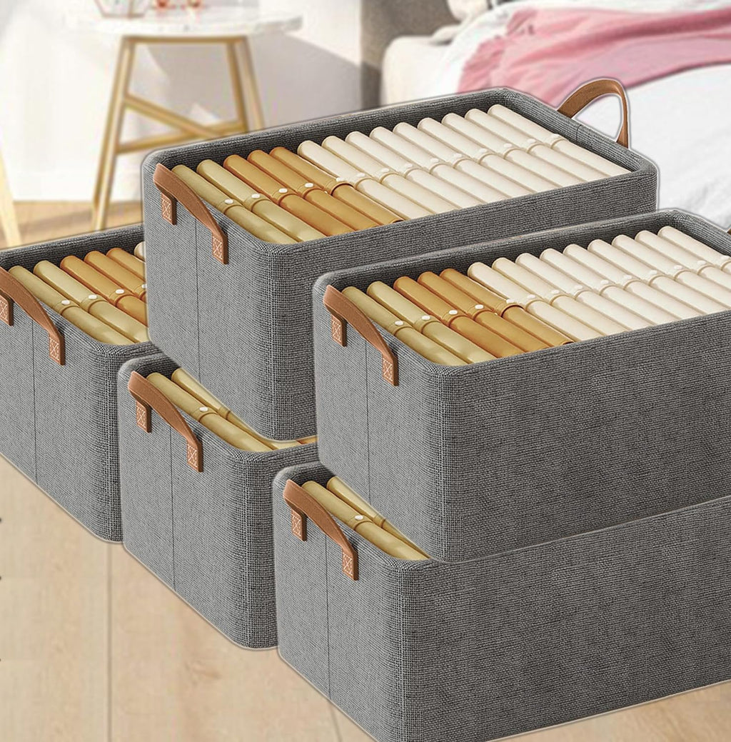 26L Fabric Storage Box Organizer | Foldable Wardrobe Clothes Organizer Basket with Faux Leather Handles | 47x28x20cm