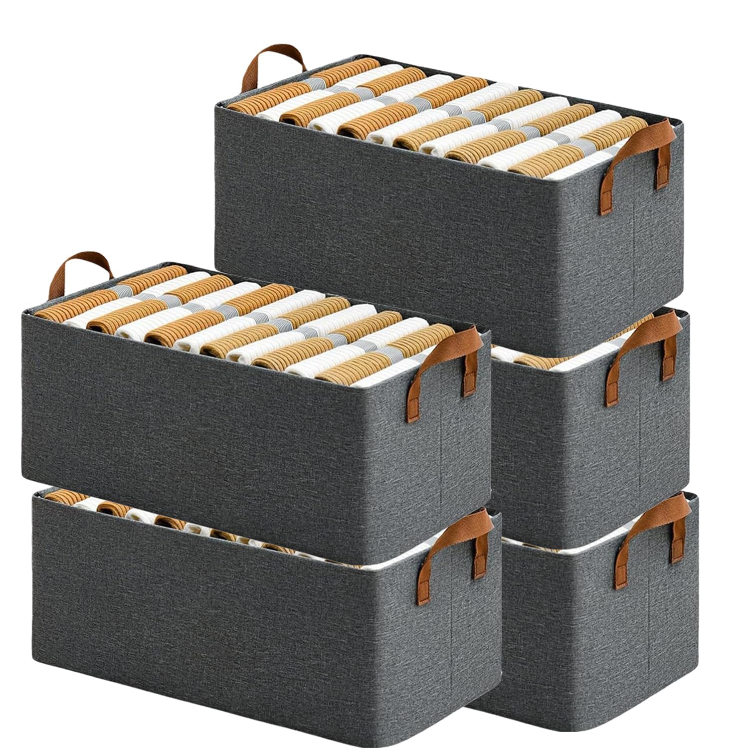 26L Fabric Storage Box Organizer | Foldable Wardrobe Clothes Organizer Basket with Faux Leather Handles | 47x28x20cm