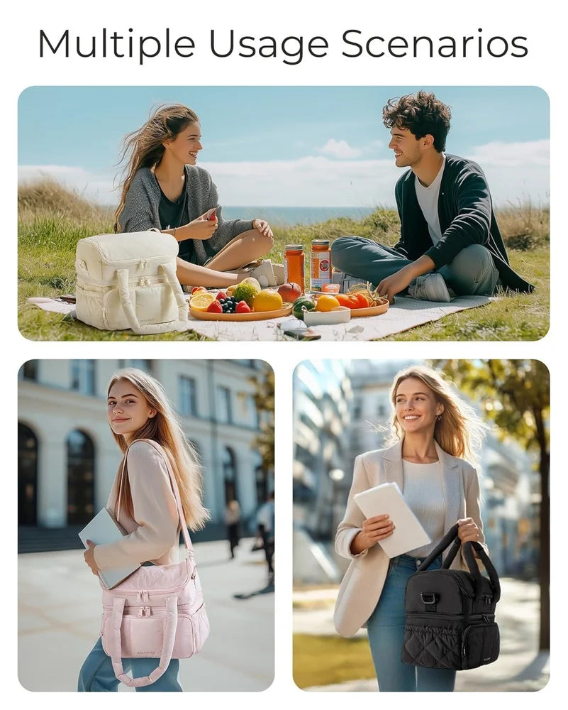 DuplexQuilt Dual Zipper Insulated Lunch Bag | Double Layer Large Capacity Thermal Tote | Water-Resistant Bento Box Organizer with Shoulder Strap for Office College