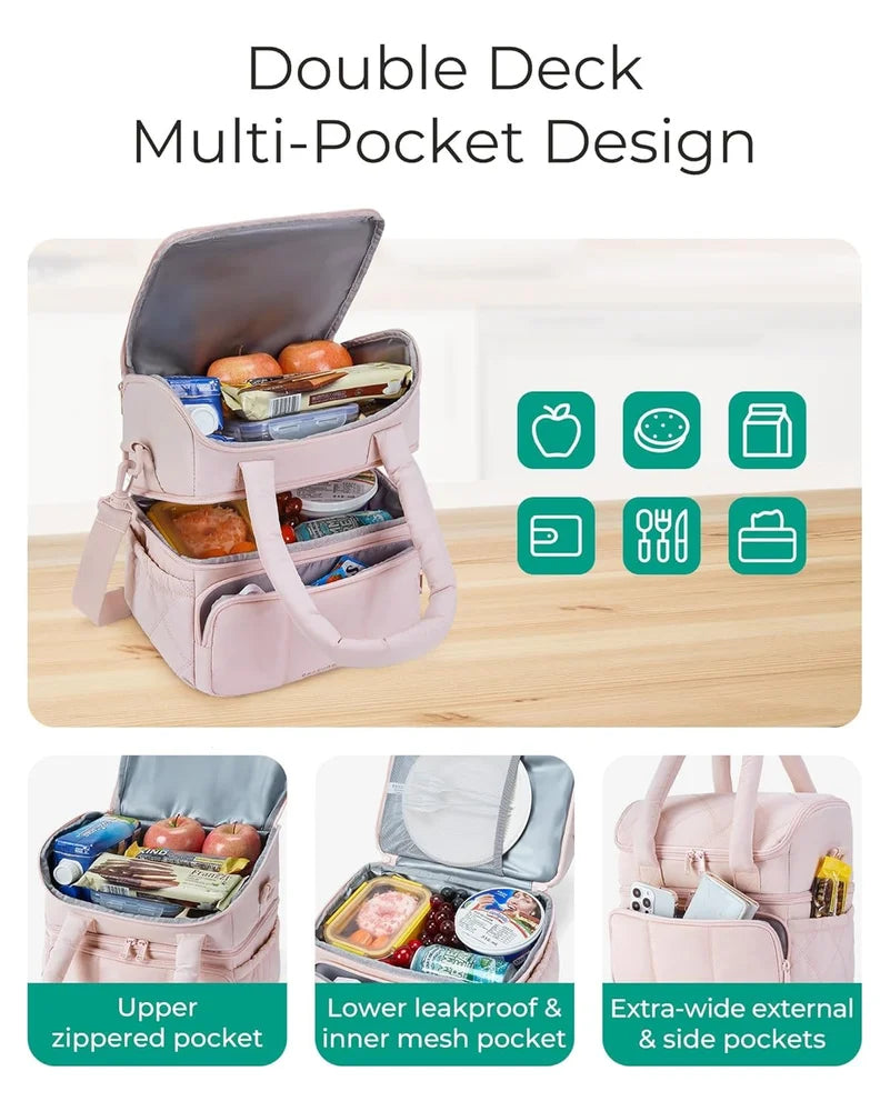 DuplexQuilt Dual Zipper Insulated Lunch Bag | Double Layer Large Capacity Thermal Tote | Water-Resistant Bento Box Organizer with Shoulder Strap for Office College