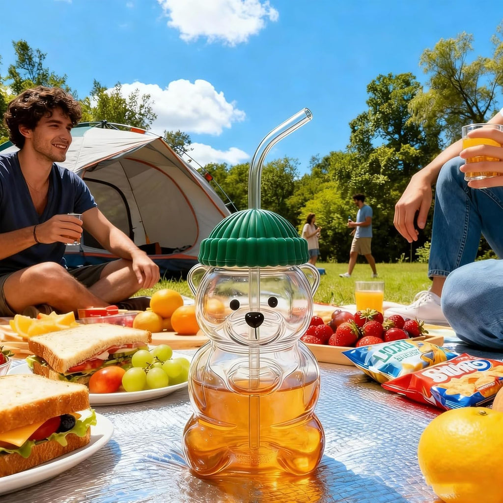 TeddySip | Bear Shaped Glass Cup Tumbler with Reusable Straw | 20 oz Leak-Proof Twist Cap Format | Cute Aesthetic Kawaii Water Bottle for Coffee Juice