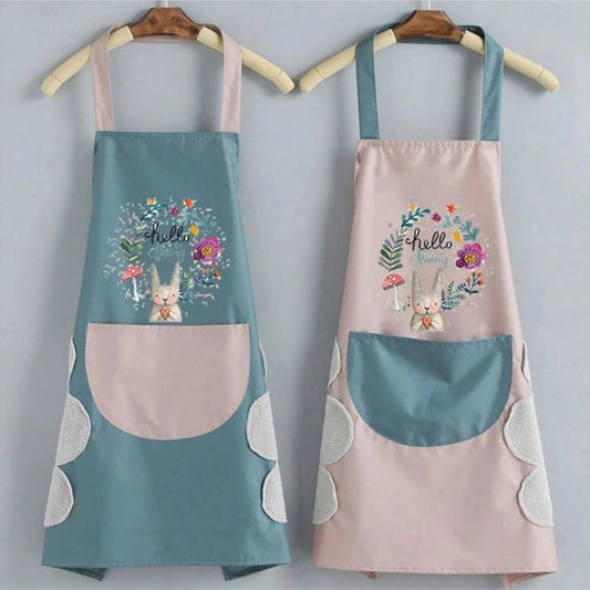 Waterproof Floral Kitchen Apron with Front Pocket & Hand Wiping Towel